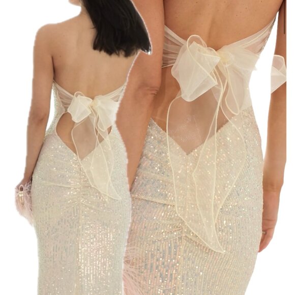 Lucy In The Sky Sequin Strapless Back Bow Maxi Formal Dress (Champagne) - Picture 5 of 16